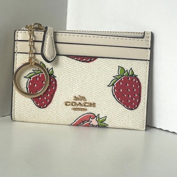 Coach Mini Skinny ID Wallet CAR17 Strawberry Print White Red Leather Keyring - Picture 9 of 10